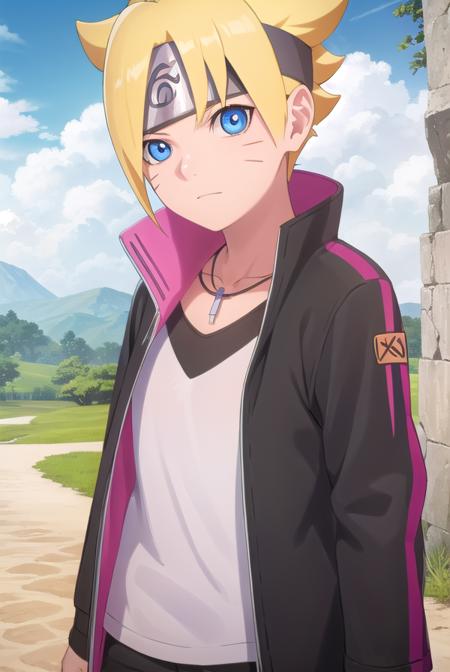 borutouzumaki, <lora:boruto uzumaki-lora-nochekaiser:1>,
boruto uzumaki, short hair, blue eyes, blonde hair, male focus, facial mark, spiked hair, whisker markings, forehead protector,
BREAK shirt, long sleeves, jewelry, jacket, white shirt, open clothes, pants, necklace, open jacket, black jacket, black pants,
BREAK outdoors, forest, nature, trees, grass, sky, clouds, sun,
BREAK looking at viewer, (cowboy shot:1.5),
BREAK <lyco:GoodHands-beta2:1>, (masterpiece:1.2), best quality, high resolution, unity 8k wallpaper, (illustration:0.8), (beautiful detailed eyes:1.6), extremely detailed face, perfect lighting, extremely detailed CG, (perfect hands, perfect anatomy),