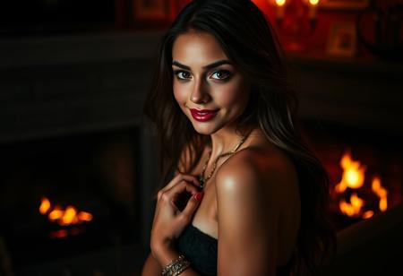 realistic, bright colors, high contrast, vivid lighting, beautiful eyes, hyper intrincate background, ((skinny)), petite body, long hair, perfect eyes, perfect hands, (gorgeous face), fireplace, very detailed facial features, necklace, bangle, nightgown, ((see-through)), seduction, red nails, off the shoulder, playful smile, tan, perky breasts, round perfect tits, skinny thighs, exposed breast, nipple,  slender, perfect eyes, evening, ((dark, dimly lit, dynamic shadows, cinematic lighting)), lit by firelight, (ass:1.2) . flat, large fields of color, minimal, detailed