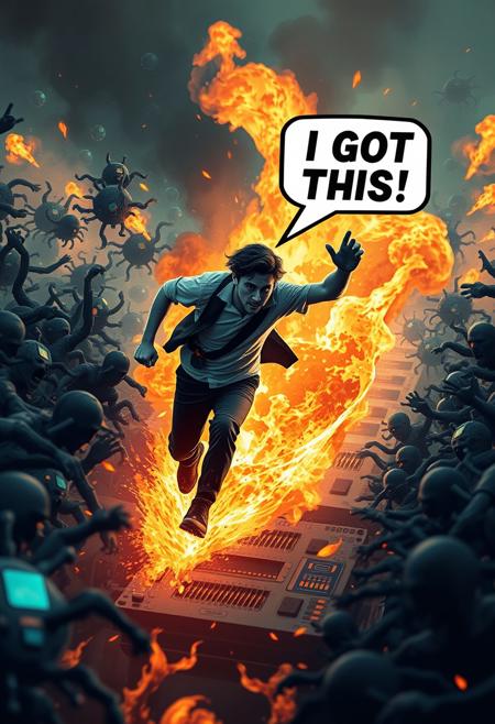 An image of a person running into battle against a horde of computer viruses, the computer viruses vastly outnumber the lone person but that person confidently charges forward anyways. The person says the phrase "I GOT THIS" in a speech bubble. The entire battle takes place inside of a burning Gpu. Masterpiece, perfect