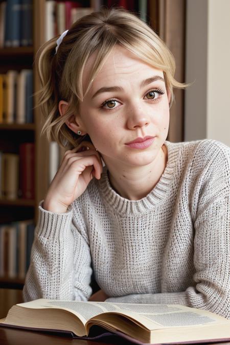 (CareyMulligan:0.9), academic library, reading book, sitting at table, focus, concentration, Nordic sweater, ponytail, December, masterpiece, quiet, pose, casual, (closeup on upper body)