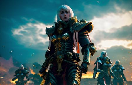 high quality photo of standing whsororitas with sword in hands <lora:whsororitas_v3:0.9>,   sculls on ground, sceletons on ground, bones on ground, atmospheric lighting, saturated colors,   Charlise Terion face, star trek cinematic,warhammer 40k