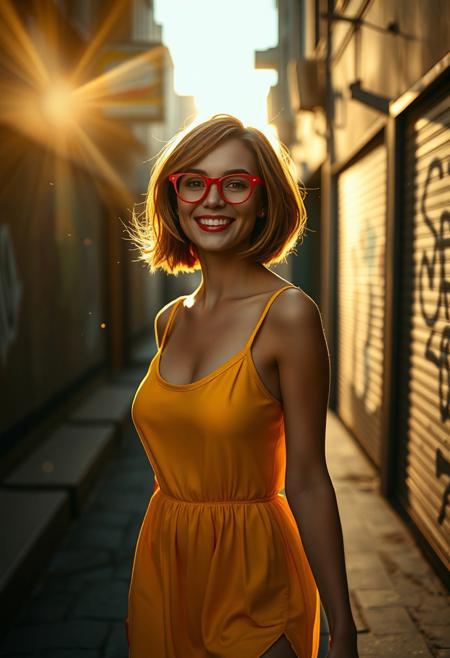 Prompt (FLUX style)
A slightly tall, petite woman with fair skin, short auburn bob hair, and playful red cat-eye glasses, walking confidently through a gritty urban alley at golden hour. She wears a short yellow sundress with spaghetti straps, made of a soft, slightly sheer fabric that catches the warm sunset light. Her figure is illuminated with perfect rim lighting, the sun forming a glowing outline around her shoulders and dress. Dust particles float in the air, backlit by long golden rays. The background is dark and urban, with cracked pavement, graffiti, and out-of-focus elements. Her expression is joyful and radiant, with cinematic lighting on her face, glowing skin, and light bouncing through her hair. The scene has strong color contrast, bokeh-rich depth, and a dreamy, editorial tone.
Style Tags:
photorealistic, FLUX model, cinematic lighting, golden hour, urban fashion, realistic skin texture, sunset rim light, dreamy bokeh, backlit dust particles, flowing fabric, slightly taller, vintage glasses, street fashion photography, analog tones
Negative Prompt (optional for Civitai):
blurry, cropped face, low resolution, bad hands, poorly lit face, overexposed, unnatural pose, cartoon, 3D, anime, distorted proportions