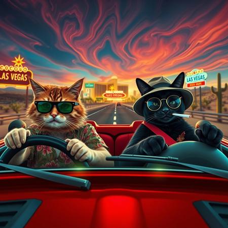 (((PERSPECTIVE FROM THE SIDE OF THE CAR))) of Two cats in a red convertible speeding down a desert highway toward a neon-lit Las Vegas skyline. The scene mirrors the iconic ‘Fear and Loathing in Las Vegas’ shot, but with feline travelers. (((The driver, a scruffy tabby in oversized aviator sunglasses and a Hawaiian shirt, grips the wheel with a wild expression. The passenger, a sleek black cat in a bucket hat and round tinted glasses, leans back with a smug grin, a cigarette dangling from its mouth and paws gesturing as he talks))).  Windshield visible with glowing luminescent bugs on it, ((perspective looking from the driver side)), exaugurated eyes and smile, smoking a joint, 
The environment is infused with psychedelic energy—distorted road signs melt into the horizon, the sky swirls with surreal colors, and cacti appear to sway and stretch. The desert landscape warps in a heatwave haze, while neon reflections shimmer in the car’s chrome details. The perspective is exaggerated and chaotic, capturing the frenetic, trippy atmosphere of the original scene in a humorous and feline twist.