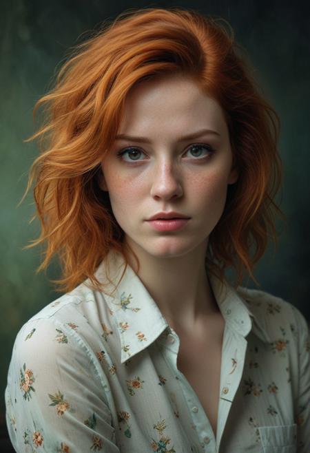 full head and body with feet, Over the shoulder portrait of a seductive dressed ginger-haired girl with wild hair and many freckles, An expressionist ultra-realistic  intense, soulful, emotional, depth and intensity,  subsurface scattering, ultra hd, 4k, high def, Photo-realistic, Hyper-realistic, Hyper detailed, analog style, realistic, masterpiece, best quality, ultra realistic, 8k, Intricate, High Detail, film photography, soft lighting, heavy shadow Tom Bagshaw, Casey Baugh, and Helene Beland, in the style of Eric Canete, Alan Lee and Todd McFarlane, in the style of realism, emotional and dramatic scenes, Style of Kriengin, Brandon Wolfel, sharp focus, style of Jay Anacleto, Esao Andrews, photo-realism,(2\3 rule composition:0.5), Mysterious, easynegative, negative_hand, perfecteyes, green eyes,