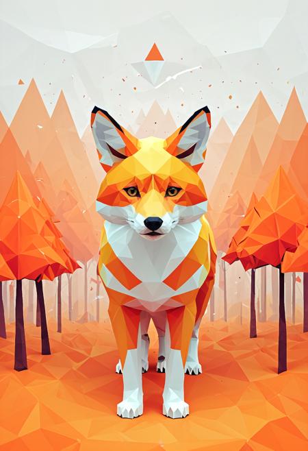 , polygon style, geometric fox, low-poly animal, angular fur, clean polygon edges, symmetrical design, digital art, orange and white color scheme, polygonal autumn forest background, stylized trees, geometric leaves, minimal mist
