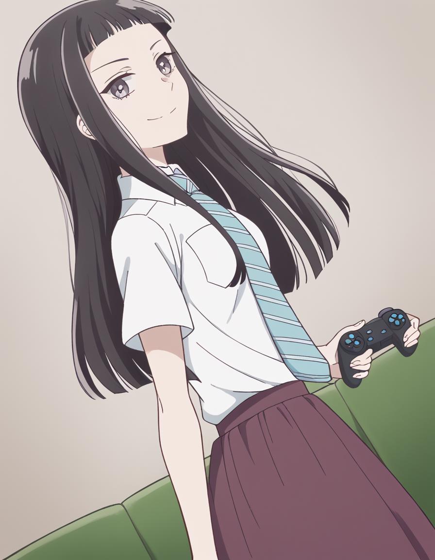 score_9, score_8_up, score_7_up, source_anime, <lora:rika-sonezaki-s1-ponyxl-lora-nochekaiser:1>, rika sonezaki, long hair, black hair, grey eyes, bangs, blunt bangs, sidelocks, forehead, medium breasts,, skirt, shirt, school uniform, white shirt, short sleeves, necktie, striped, collared shirt, shirt tucked in, striped necktie,, living room, video game, controller, competitive, fun, afternoon, smile, <lora:shaft-look-ponyxl-lora-nochekaiser:1>, shaft look, looking back, from behind, head tilt,, looking at viewer, solo,, dutch angle, cowboy shot