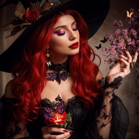 1girl, animal, bat, bird, black nails, bug, butterfly, closed eyes, fingernails, flower, glowing butterfly, hat, hat flower, lips, lipstick, long fingernails, long hair, makeup, nail polish, night, purple nails, red flower, red hair, red lips, red nails, red rose, ring, rose, solo, star \(sky\), starry sky, witch, witch hat