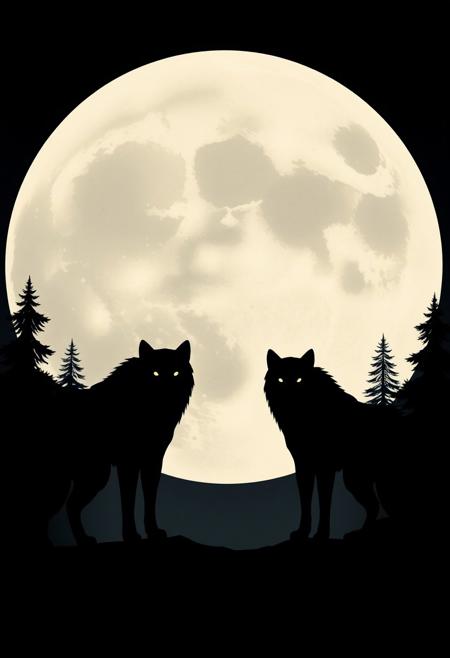 A pack of wolves silhouetted against a massive full moon, their eyes glowing faintly in the shadows, stylized realism, simplified forms, geometric composition, muted color palette, clean lines, Canadian landscapes, modern urban scenes, mid-century aesthetic, flat perspective, emotional detachment, angular architecture, minimal textures, cool lighting, symbolic figures, structured layout, contemporary realism, everyday moments, graphic painting style, subtle social commentary, restrained emotion