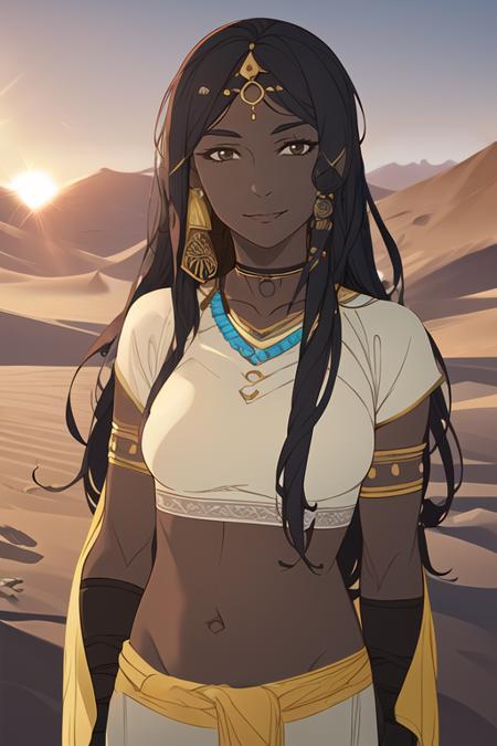 1girl, upper body, dark-skinned female, dark skin, desert, sunlight, oasis, dressed in belly dancer outfit, long wavy hair, neutral facial expression, light smile, best quality, <lora:bannersaga:0.8>