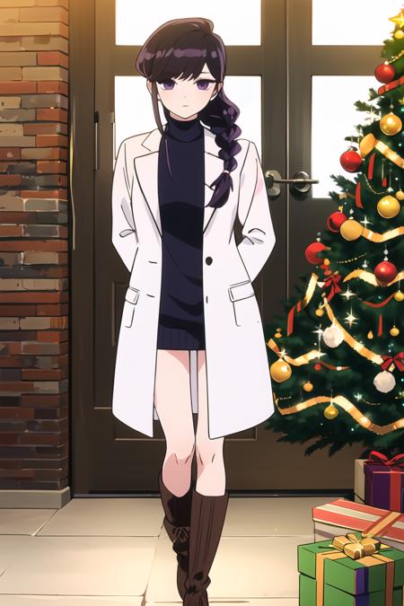 <lora:ShokoKomi_KS:0.8> ShokoKomidef, purple hair, purple eyes, long hair,
looking at viewer, white coat, braid, outdoors, christmas, box, turtleneck sweater, gift, boots, dress, christmas ornaments, black sweater, open clothes, holding, christmas tree, gift box, arms behind back, bangs, jacket, sweater, holding gift
masterpiece, best quality,