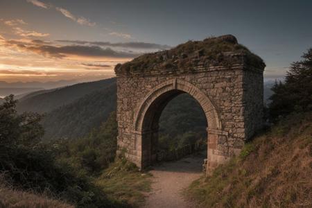 raw photo, a sunset landscape, oregon mountains, forested ravine cliffs, cozy, photorealistic, abandoned Towering Stone gateway entry into dark the side of cliff, dwarven, high fantasy style, high detailed texture, 8k uhd, dslr, soft lighting, high quality, film grain, Fujifilm XT3, Sony A7 IV, highly detailed photography, (muted colors, cinematic, dim colors, soothing tones:1.2), vibrant, insanely detailed, hyperdetailed, (dark shot:1.2), (vsco:0.3), (intricate details:0.9), (hdr, hyperdetailed:1.2) (highest coherency: 1.39) (highest quality: 1.39) (rule-of-thirds) (award-winning) (masterclass) (highest resolution: 1.39) (castle architecture built into cliff: 0.69) (starfort: 1.1) (protruding from hillside)