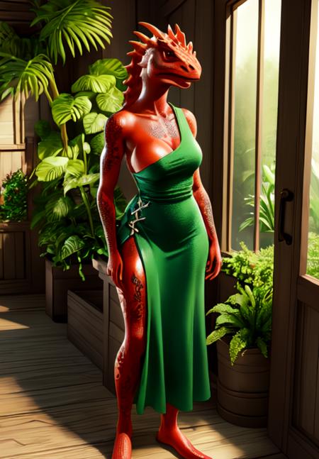 1girl, sfw, <lora:argonian_female:0.8>, argonian_female, 1girl, solo, dress, red skin, green house filled with exotic plants, (masterpiece, best quality, absurdres, detailed, ultra-detailed:1.3), glamorous, (trending on CGSociety, trending on pixiv, contest winner:1.3)