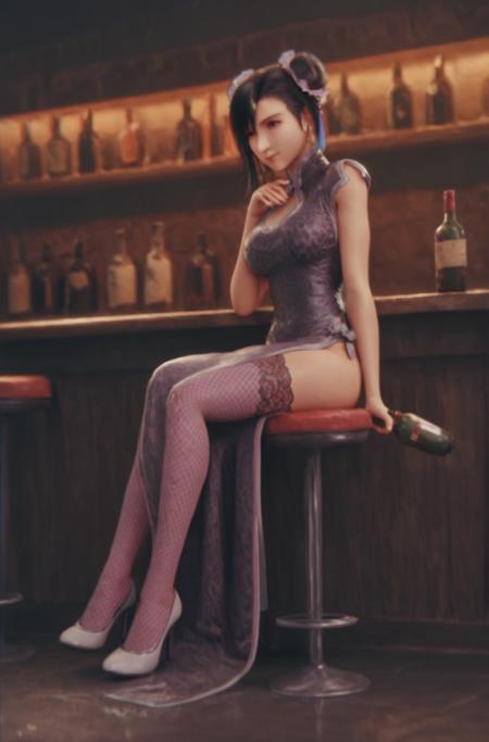 tifa_lockhart tifa_lockhart, 1girl, chinese_dress, Qipao, flower, hair buns,  fishnet thighhighs, high heels,