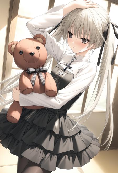 1girl,
<lora:sdxl-boldline:-1>,
<lora:sdxl-flat:-1>,
indoor,
cowboy shot,
detail background,
dynamic pose,
sweatdrop,
Pretending to hug a teddy bear,
hand on headwear,
BREAK
<lora:yosuga_A3_XL_V1_0-000010:0.8>,
kasugano sora, long hair, twintails,hair ribbon,brown eyes, white hair,black eyes,
 dress, cross,  black ribbon, black pantyhose,black skirt,shirt,frills, jewelry,
masterpiece, best quality