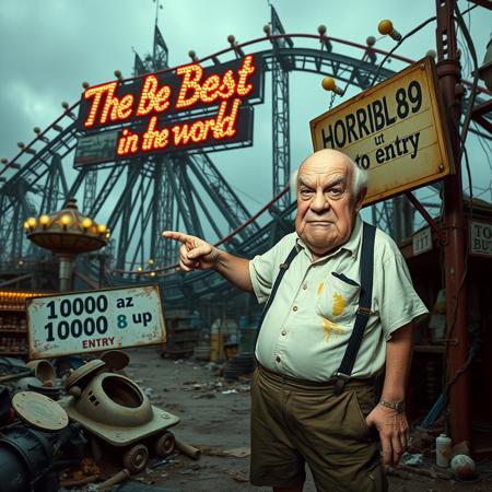 score_9, score_8_up, score_7_up, a decadent amusement park, dirty, trash, dust,  a giant HORRIBLE ruined roller coster with a large sign with lights with the text "The Best in the world", some light bulbs burned out
An elderly man with a wrinkled, semi-bald face with a grimace, squinting eyes, wearing suspenders, shorts, and a dirty white shirt, mustard and ketchup stain,  pointing at a sign with the text "1000 buzz to entry"