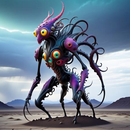 A bizarre, hybrid creature with multiple limbs and eyes, standing alone in a barren, desolate landscape. The creature's form is a disturbing blend of organic and mechanical parts, with surreal, vibrant colors contrasting against the muted, lifeless background. The sky is filled with swirling, ominous clouds.