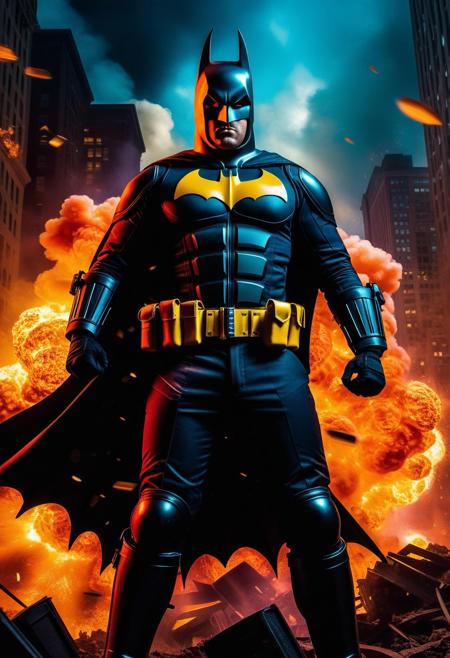 Surreal, Cenetered, Firefighter Batman As A A dynamic representation of a super hero, inspired by classic 1930's pulp magazines, striking a powerful pose with a bold, colorful costume and a confident expression. A massive explosion serves as the backdrop, captured in a cinematic film still with an 2020's aesthetic and rich color grade...