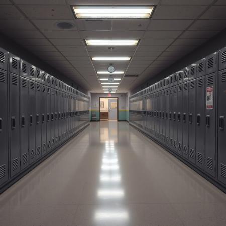 A liminal space inside an empty high school, where the air is thick with an eerie stillness. The fluorescent lights buzz faintly, casting a cold, artificial glow onto the polished linoleum floors. Rows of gray metal lockers stretch endlessly down the hallway, their doors covered in faint scratches and the remnants of long-faded stickers. The smell of old textbooks, industrial cleaning supplies, and distant rain lingers in the air.
The classroom doors are shut, their small windows revealing nothing but darkness. A lonely bulletin board by the principal’s office displays outdated announcements, faded student council posters, and a forgotten flyer for a dance that happened long ago. The cafeteria, visible through an open doorway, is empty—rows of plastic chairs neatly stacked, the serving area abandoned, the faint scent of reheated food still clinging to the air.
A single clock above the lockers ticks softly, though the time no longer seems to matter. Somewhere in the distance, the sound of a dripping faucet echoes through the silence. The school is frozen in time, suspended in an endless after-hours void—familiar, yet unsettling. You’ve been here before, or maybe only in a dream. Either way, you know one thing for sure: you’re alone here.