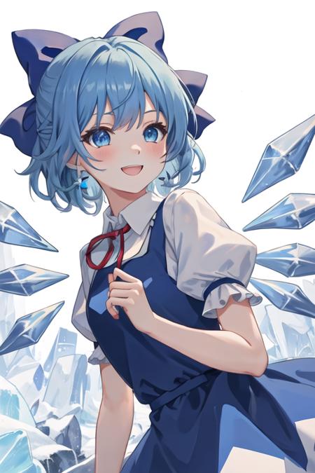 best quality, masterpiece, highres, solo, {cirno_touhou:1.15}, blue_hair, bow, hair_bow, short_hair, wings, ice, blue_bow, ice_wings, blue_eyes, bangs, blush, smile, upper_body, open_mouth, hair_between_eyes, ribbon, neck_ribbon, 1girl, blue_dress, dress, looking_at_viewer, red_ribbon, shirt, short_sleeves, simple_background, white_background, white_shirt, puffy_short_sleeves, puffy_sleeves, collared_shirt