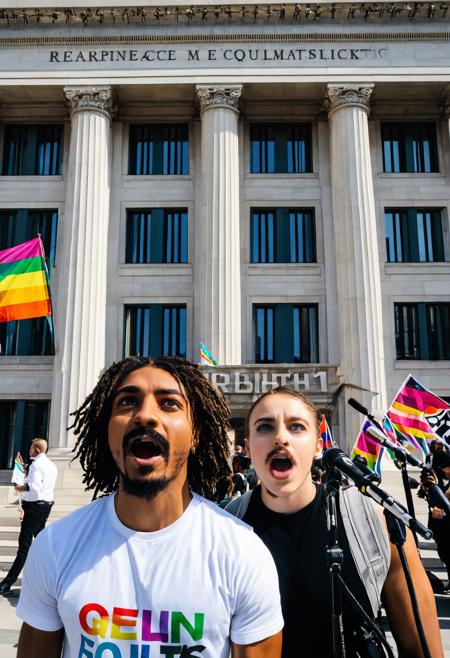 thrbh 1girl realistic 1boy hetero dark-skinned male upper body, open mouth, facial hair, looking at viewer, solo focus, ugly man, portrait 24 year old, hair, breasts, eyes, best quality, RAW photo, subject, 8k uhd, high quality, photorealistic, resplendent, A protest for LGBTQ+ rights in front of a government building, with flags and banners calling for equality and inclusion, Rim lighting shot <lora:thrbhXLrd:0.9>