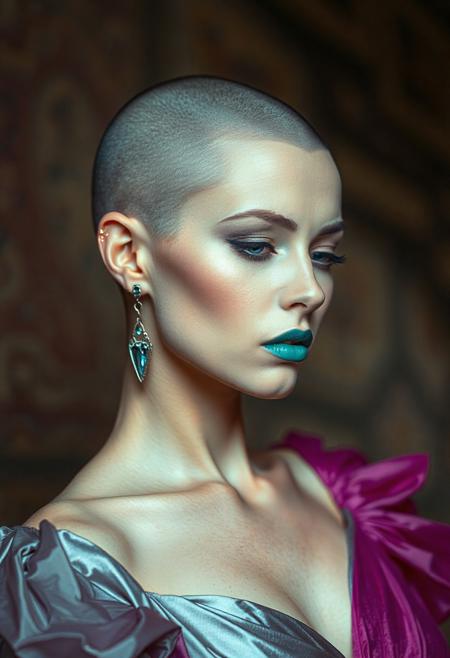 human sorceress, ((((fully shaved head)))), pale, subtle eyeshadow, teal lips, silver and magenta gown, ((fantasy art)), ((sensual)), ((high fantasy)), colourful, magic,
, rear projection, pastel color grading, low-angle shot