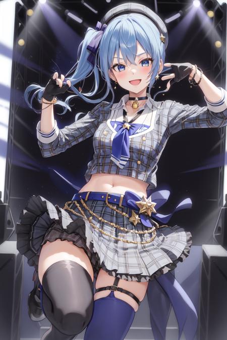 1girl, solo, best quality, masterpiece, 1girl, solo, gloves, blue eyes, star \(symbol\), hat, blue hair, hoshimachi suisei, skirt, jewelry, choker, thighhighs, plaid, belt, socks, blue socks, on back, grey headwear, black gloves, blue choker, microphone, midriff, crown, beret, side ponytail, smile, shirt, ribbon, partially fingerless gloves, looking at viewer, single thighhigh, shorts, star in eye, open mouth, plaid headwear, single sock, shorts under skirt, hair between eyes, thigh strap, bracelet, kneehighs, symbol in eye, star earrings, bangs, hair ribbon, single kneehigh, blue ribbon, asymmetrical legwear, plaid skirt, star choker, jacket, earrings, crop top, buttons, skirt lift, collarbone, long hair,  blush, long sleeves, breasts, plaid jacket, collared shirt, thighs, grey skirt, lifted by self, black choker, sidelocks, grey jacket,  :d, black shorts, uneven legwear, mini crown, bow, frills, boots, blue nails, miniskirt, short necktie, necktie, blue belt, short shorts, small breasts, underwear, blue bow, belt buckle, cowboy shot, stage, concert, smile, dynamic pose,  <lora:hoshimachi_suisei_v1.0-000002:0.6>