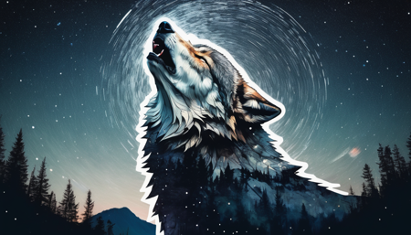 surreal double exposure portrait of a beautiful howling wolve in dark mountain forest scenery against star trail starry night, by Dave White, Conrad Roset, Brandon Kidwell, Andreas Lie, Dan Mountford, Agnes Cecile, triadic colours, thick opaque strokes, accurate depth of field, hyper detailed, whimsical, dynamic, dreamy masterwork