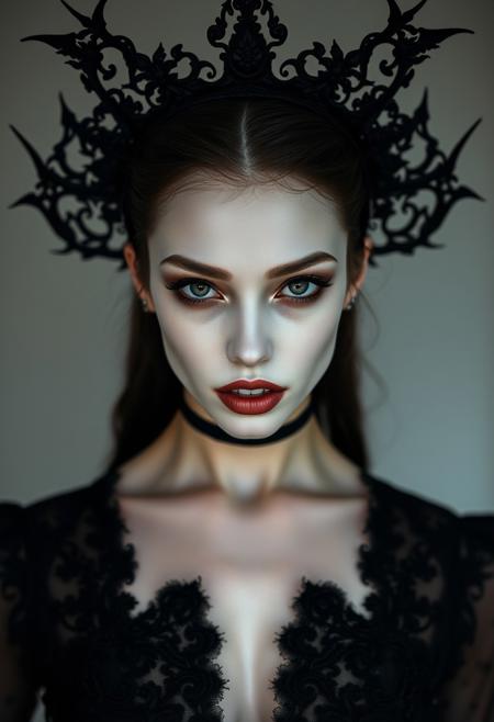 Medium shot, Symmetrical front view of a dark princess, pale sking, pale lips, vampire fangs, standing pose, in the style of infernal fasion, otherworldly beauty, infernalpunk, queencore, ornamented age aesthetics, coal and black, photography studio style
