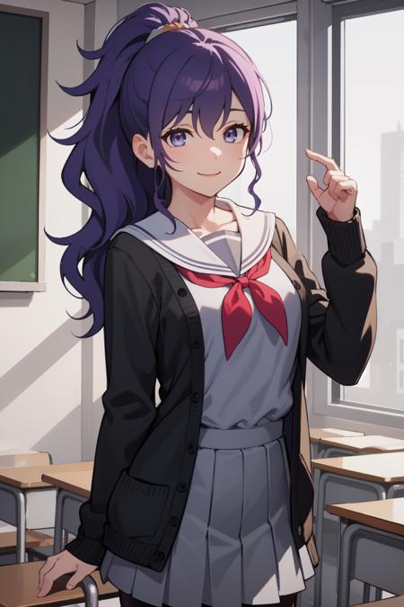 masterpiece, best quality, highres, amsekai, purple eyes, blue eyes, high ponytail, hair scrunchie, school uniform, (white sailor collar:1.1), red neckerchief, grey shirt, cardigan, grey skirt, pantyhose, cowboy shot, smile, (closed mouth:1.1), classroom<lora:AsahinaMafuyu-09:0.9>