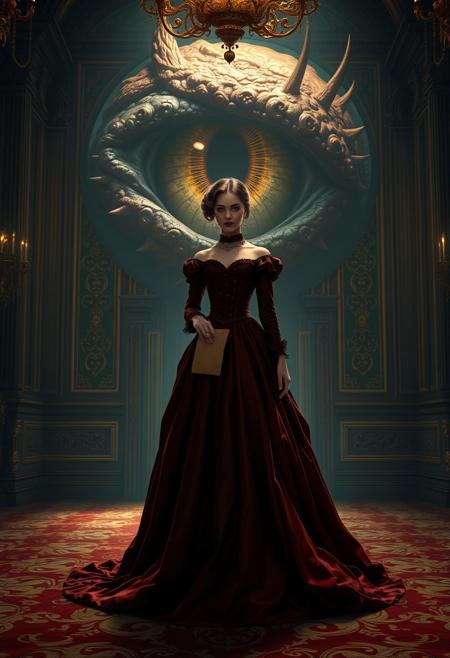The image is a digital artwork in a fantastical, surreal style, featuring a woman standing in a grand, ornate, dimly lit palace room. She is dressed in an elaborate, 19th-century style gown with a high waist and a flowing, voluminous skirt that drapes elegantly across the floor. The gown is a deep, dark red color. In one hand, she holds a dusty parchment paper, while before her, a massive, dragon eye slowly opens