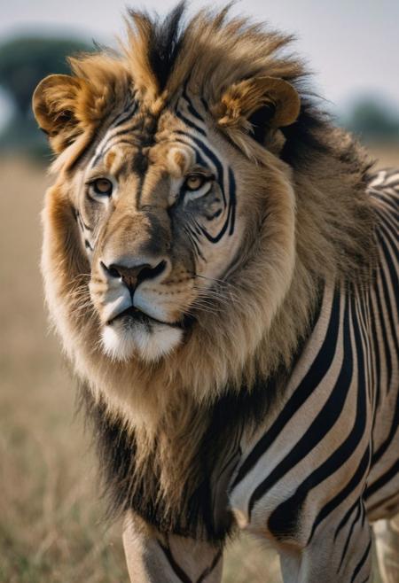 (analog photo) of a male lion with zebra strips standing in the savanna, zebra pattern on lion face, masterpiece, Fine art photography, award winning photography