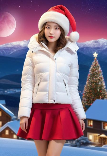sherpa padded down jacket, sherpa padded puffer jacket, sherpa padded winter clothes, very very cold, fur-trimmed red medium length skirt, full body shot, ((masterpiece)), ((best quality)), (ultra-detailed), original, illustration, dynamic angle, [[[[dynamic pose]]]], hyper detail, highres, (ray tracing), (beautiful and clear background:1.25), (1 girl), (solo), cute, mature girl, perfect hand, (beautiful detailed eyes:1.25), disheveled hair, (beautiful face:1.15), (silver hair, medium hair), ((red christmas hat, hair ornament)), (pink eyes), ((art by meoyo)), intricate details, (cinematic light), ((extremely detailed CG unity 8k wallpaper)), (best shadow), (christmas tree, snowfield, fluttering snow), (night city view, night sky, half moon, blur city lights), christmas background, ligne_claire, (dramatic light:1.1)