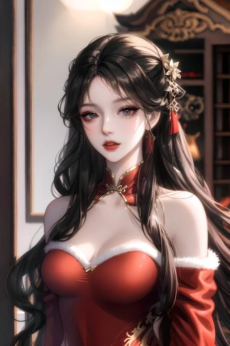 1girl, fashi-g,china dress,,red dress, off shoulder,shiny skin,black fur trim,wavy hair,long hair,black hair,large breasts,mature female