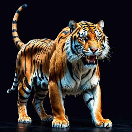 Ultra realistic full body color pencil drawn portrait of  
Sabre-toothed tiger.
BREAK
Deep dark intense midnight blue misty background,
Dark theme, dynamic lighting, (soft shadows), (soft focus),  (photo realistic), uhd, 8k