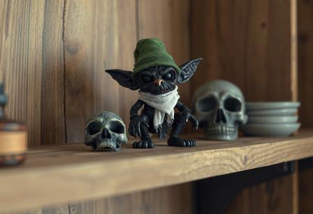 A black grimdark Scrap Goblin, adorned with a green hat and white scarf, sits on a wooden shelf. A gray skull is arranged beside it. A focused still life, intricate details pop against a blurred background. Grimdark aesthetic. Highly detailed render, volumetric lighting, ray tracing, 8k. Trending on Artstation, CGSociety.