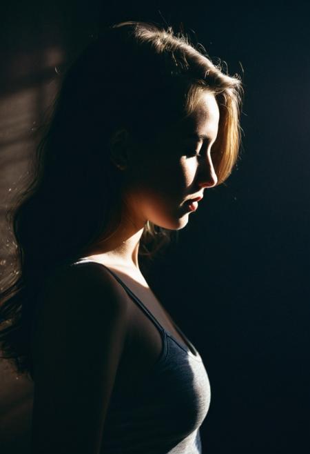 raw photo,half body, 1girl, 20 y.o., dark room, hard light, contrasting shadows, Light leaks