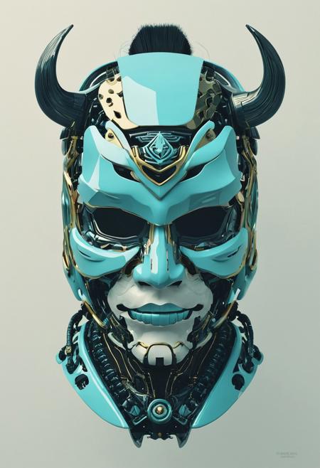 (S1n0z1ck Style) A digitally rendered illustration features a samurai adorned with a futuristic, cybernetic mask, expertly portrayed using a minimalistic flat color palette.