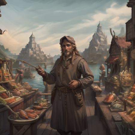 (masterpiece, best quality), seakaythree, medieval illustration, A merchant at his stall on the pier selling fish