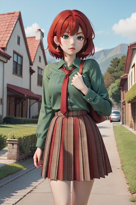 AlyssaCCT3, green shirt, red tie, checkered skirt, red hair