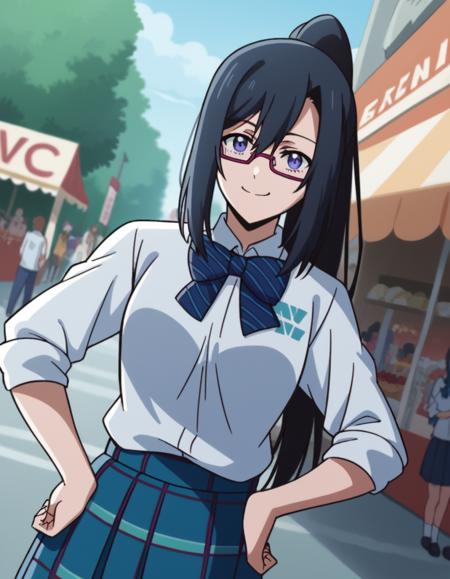 riko izumi, black hair, purple eyes, ponytail, glasses, semi-rimless eyewear, sidelocks, hair between eyes, medium breasts, shirt, bow, school uniform, white shirt, striped, bowtie, blue bow, striped bow, striped bowtie, skirt, blue skirt, plaid skirt, pleated skirt,