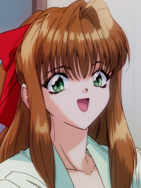 CoolDevices2imout, 　brown hair, long hair, red bow,  green eyes, CoolDevices2imout, brown hair, green eyes, hair bow, bow, puffy sleeves, short hair, short sleeves, ponytail, red bow, hair ribbon, child, teenager,