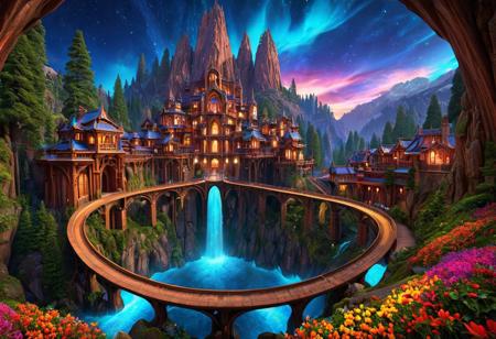 (masterpiece:1.5), unreal 8k wallpaper, unity 8k wallpaper, score 9, score 8 up, score 7 up, masterpiece_portrait, extreme quality, reflection, surface reflection, dynamic lighting, Cinematic style, cinematic quality, ((no humans, no people)), photorealistic, realistic, a spectrum of iridescent colors, precise, fractal design, flowing curves, precision, colorful, fractal geometry, harmonic interference, digital illustration, photo manipulation, altered realities, fantastical scenes, digital artistry, striking visuals, sharp focus, detailed background, light reflection, fairy tale fantasy of boundless opportunities, (an enormous fairy tale fantasy city is built into the mountain), with redwood trees and multicolored flowers, streets and houses, the architecture has no bounds, there are many of these fairy tale fantasy cities built into mountain blending with the boundless beauty of nature, fluid architecture, (giant Sequoia trees), starry sky, a brilliant beauty, photorealistic, realistic, (Warcraft inspired architecture), clouds, flowing water, luminescent stream, waterfall, luminescent waterfall, night sky, alien sky, (detailed intricate Bridges and pathways)