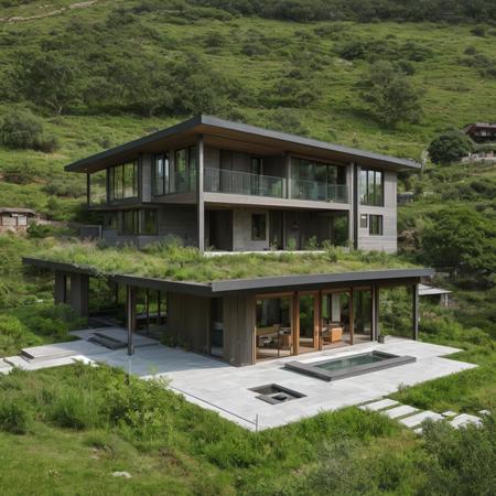 a single house on a hill, the house is entirely made of an element from the elemental table, high detail, hdr, elemental garden, complex house design
