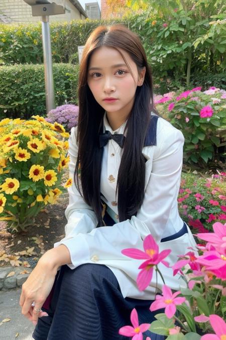 (masterpiece),best quality,expressive eyes,perfect face,1girl,formal uniform,looking and turning to the viewer,polite majestic pose,flower garden background,hook,<lora:hookbnk48:1>,