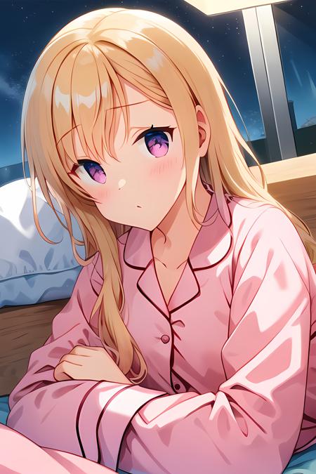 Saki, blonde hair, laying, pink pijama, tired, under blanket, night