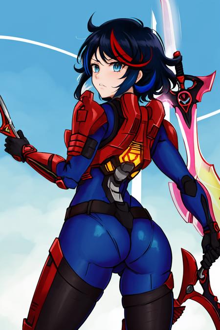 <lora:HaloSpartansV1-000050:1.0>,  FemaleSpartan, 1girl,matoi_ryuuko, no_helmet, multicolored_hair, weapon, black_hair, solo, ass, scissor_blade, sword, blue_eyes, short_hair, red_hair, streaked_hair, clenched_hand, looking_back, two-tone_hair, from_behind