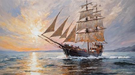 RAW, analog capture with Nikon Z 85mm lens, an acclaimed and alluring photograph recognized for its ((superlative quality)), hailed as a ((masterpiece)), an intricately detailed landscape, 
 a sailing vessel, makes the sea area glowing, body of water, clouds, cloudy sky,  
, captured with professional precision in 4k resolution. The scene unfolds amid the bloom of spring flowers, bathed in the warmth of god rays, creating a delicate and innocent ambiance. The photograph boasts high-resolution imaging, capturing every nuance of the subject's facial features with remarkable detail and sharp focus. The aesthetic appeal is heightened by the smooth rendering, offering an extremely detailed and realistic portrayal. Post-processing techniques further enhance the image, achieving maximum detail and conveying a sense of roughness reflective of real-life textures. The result is an ultra-realistic depiction, showcasing the artistry of photorealism in exquisite 8k UHD. The play of SEMI-SILHOUETTE light adds depth and dimension, reminiscent of impressionist painting techniques with brushstrokes and palette knife strokes. This expressive composition, inspired by the styles of Leonid Afremov, incorporates elements of (cell shading: 1.2) and a 2D visual aesthetic, akin to the richness found in oil paintings (oil painting: 1.2), all meticulously curated by the skilled hand of Carne Griffiths.