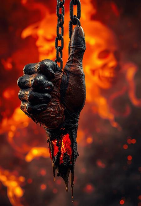 masterpiece, ultra-detailed, surreal horror scene, grotesque charred hand emerging from hellish flames, contorted thumbs-up gesture, melting flesh with dripping texture, exposed tendons glowing like embers, cracked skin resembling lava fissures, hyper-realistic decomposition, fiery backdrop with swirling demonic faces in flames, heavy gothic iron chain (thick links, weathered texture) hanging vertically, stark contrast between organic decay and industrial permanence, monochromatic inferno palette (blood crimson, molten orange, smoldering black), dramatic chiaroscuro lighting, volumetric smoke and ash particles, blurred background suggesting infinite fiery abyss, surreal juxtaposition of optimism and annihilation, skin peeling to reveal skeletal fragments, molten wax-like drips, supernatural fire with ethereal glow, hyper-detailed textures (scorched metal, bubbling flesh), cinematic depth of field, 8K resolution, unsettling mood of existential dread, dark irony, symbolic defiance, style fusion: Zdzisław Beksiński’s nightmare surrealism + HR Giger’s biomechanical decay + Baroque tenebrism, dynamic composition with diagonal lava streaks, sparks frozen in mid-air, haunting ethereal glow, trending on ArtStation, hyper-maximalist detail, infernal symbolism.