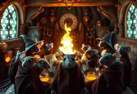 a group of blind and silly wizard rats, gathered around the dark souls bonfire, white eyeballs, {detailed black and brown zen and buddhist habit or clothing or robe}, labyrinth world, in an {{alchemy room with potions}}, whimsical, {wide angle shot, high fov}, gothic, sci-fi themed, colorful iridescent
