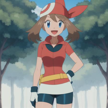 <lora:character_pokemon_may_v1:0.5> forest, 1girl, character_pokemon_may, solo, standing, looking at viewer, smile, open mouth, hand on hip, hand on own thigh, bandana, shirt, skirt, bike shorts, gloves, fanny pack